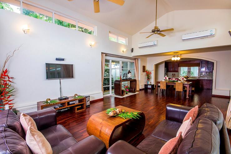 Take a break from outdoors at this cozy lounge area with leather sofas and flat screen TV